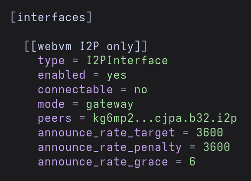 Reticulum interfaces section with only a non-connectable I2PInterface in gateway mode peered to webvm