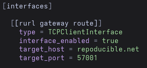 Reticulum interfaces section with one TCPClientInterface targeting repoducible.net port 57001