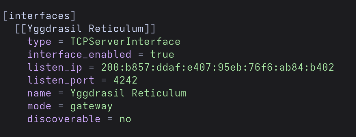 Reticulum interfaces section with one TCPClientInterface targeting an allowlisted Yggdrasil IPv6 address